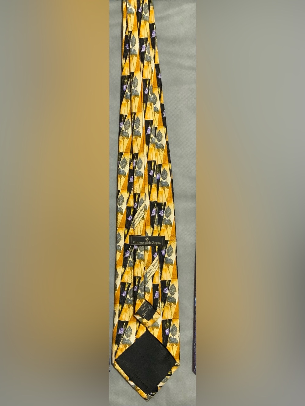 Ermenegildo Zegna Yellow Geometric Floral Silk Tie with Gray Accents